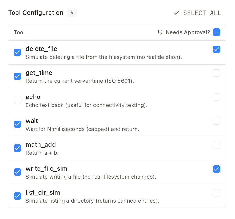 Individual tool with Needs Approval checkbox checked